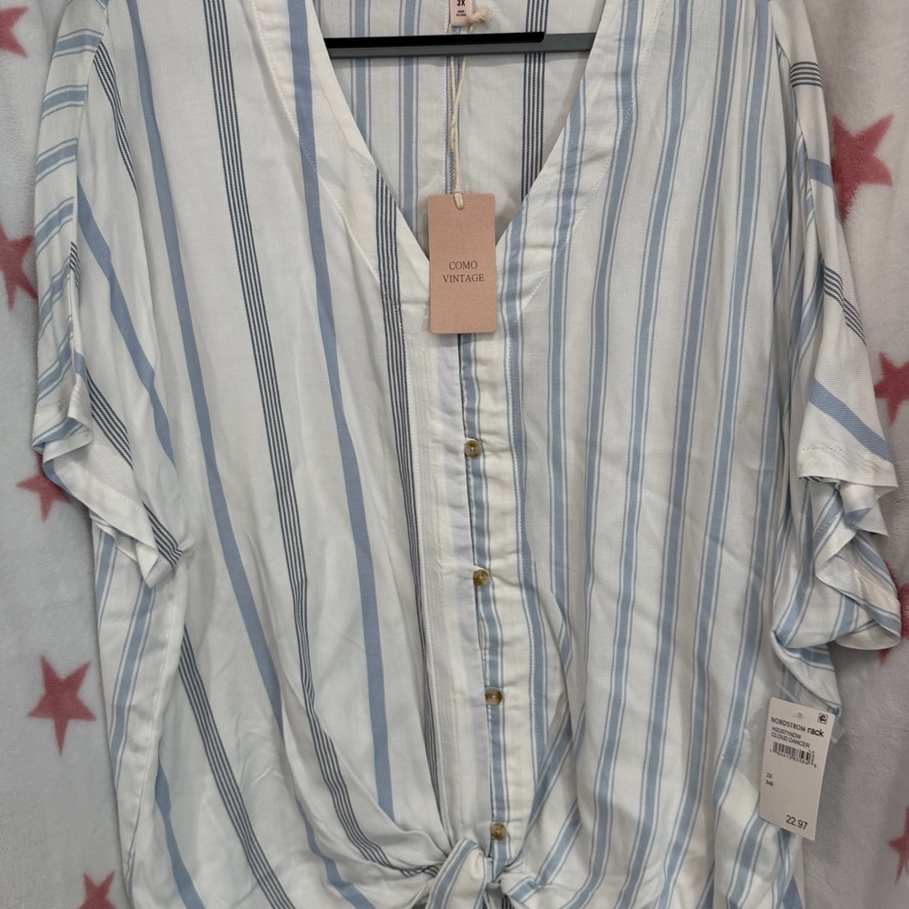 COMO VINTAGE 2X. Blue & White Striped Tie-Front Blouse